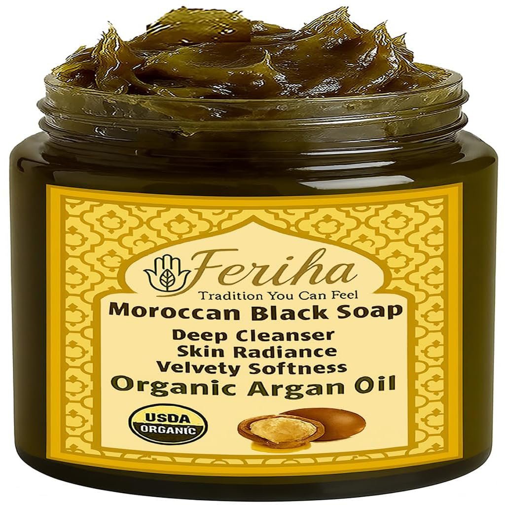 FERIHA Marokkanische Schwarze Seife (Beldi) mit Bio-Arganöl – Authentischer Hammam Körperreiniger – Traditionelle Olivenpaste für tiefenwirksames Peeling – Hergestellt in Marokko – 200 g