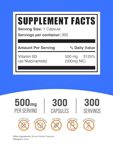 BulkSupplements.com Niacinamid Kapseln – Vitamin B3 500 mg, glutenfrei, 300 Kapseln (1 Portion pro Kapsel)
