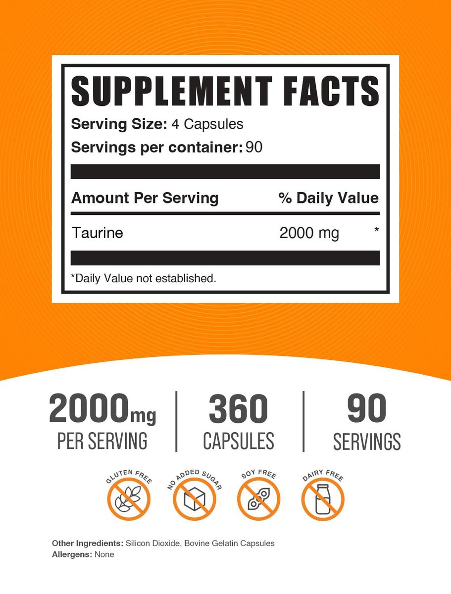 BulkSupplements.com Taurin Kapseln - Taurin Supplement, 2000mg Taurin, Aminosäuren für die Herzgesundheit, Taurin Pillen - Glutenfrei, 4 Kapseln (500mg) pro Portion (2000mg), 360 Kapseln