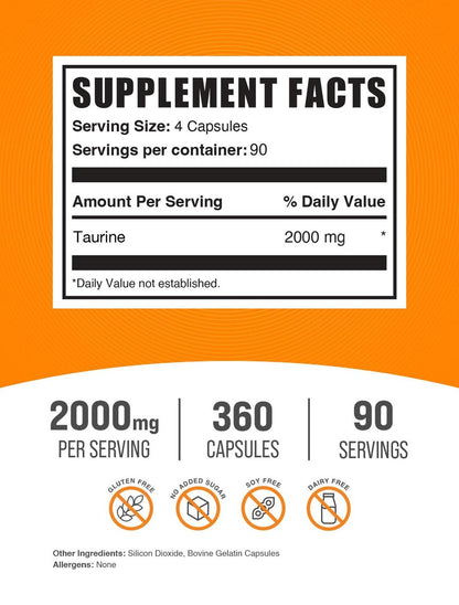 BulkSupplements.com Taurin Kapseln - Taurin Supplement, 2000mg Taurin, Aminosäuren für die Herzgesundheit, Taurin Pillen - Glutenfrei, 4 Kapseln (500mg) pro Portion (2000mg), 360 Kapseln