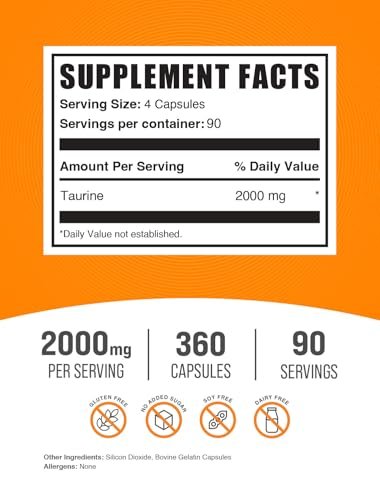 BulkSupplements.com Taurin Kapseln - Taurin Supplement, 2000mg Taurin, Aminosäuren für die Herzgesundheit, Taurin Pillen - Glutenfrei, 4 Kapseln (500mg) pro Portion (2000mg), 360 Kapseln