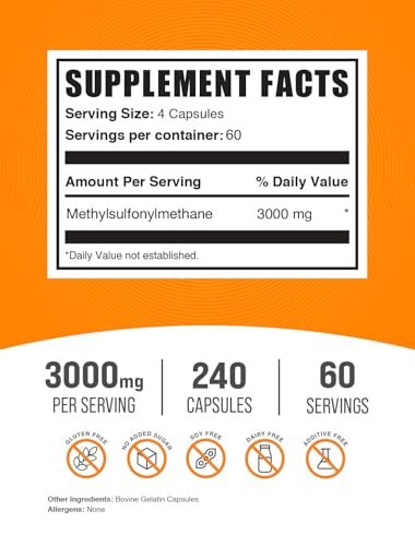 BulkSupplements.com MSM Kapseln - Methylsulfonylmethan, MSM 3000mg - Gelenkergänzung, Glutenfrei, 4 Kapseln pro Portion, 240 Stück (1er-Pack)