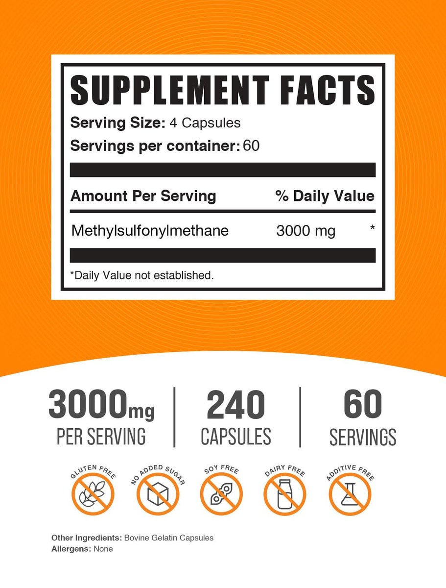 BulkSupplements.com MSM Kapseln - Methylsulfonylmethan, MSM 3000mg - Gelenkergänzung, Glutenfrei, 4 Kapseln pro Portion, 240 Stück (1er-Pack)