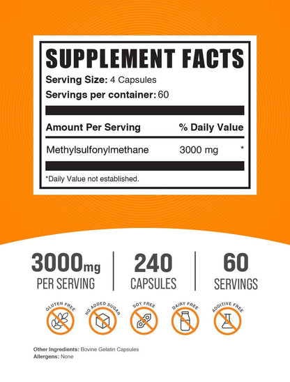 BulkSupplements.com MSM Kapseln - Methylsulfonylmethan, MSM 3000mg - Gelenkergänzung, Glutenfrei, 4 Kapseln pro Portion, 240 Stück (1er-Pack)