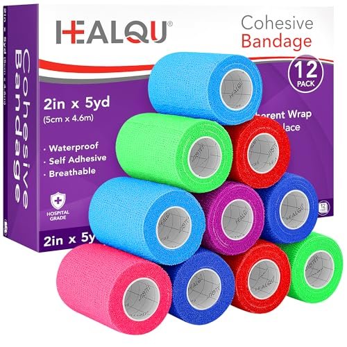 HEALQU Selbstklebende Bandage – 12 Rollen 5cm x 4,5m Selbsthaftende Tape für Sport und Medizin – Flexible, Elastische Verbände für Handgelenk, Knöchel und Hundepfoten