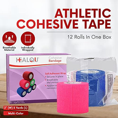 HEALQU Selbstklebende Bandage – 12 Rollen 5cm x 4,5m Selbsthaftende Tape für Sport und Medizin – Flexible, Elastische Verbände für Handgelenk, Knöchel und Hundepfoten
