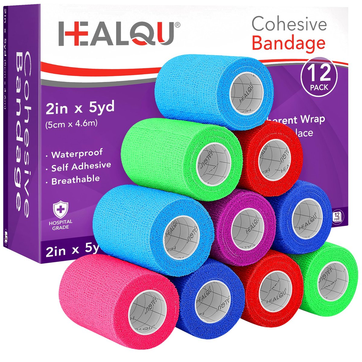 HEALQU Selbstklebende Bandage – 12 Rollen 5cm x 4,5m Selbsthaftende Tape für Sport und Medizin – Flexible, Elastische Verbände für Handgelenk, Knöchel und Hundepfoten