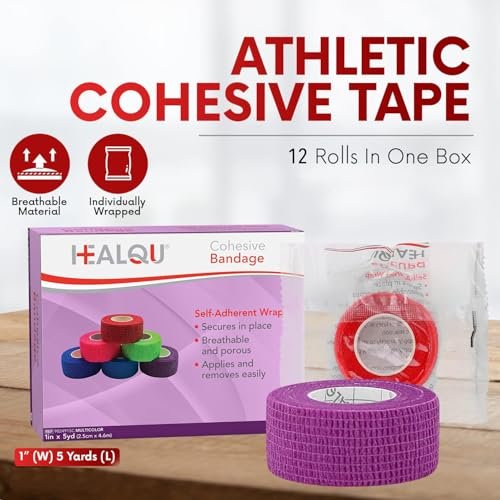 HEALQU Selbstklebende Bandage-Wickel – Kohäsives Tape für Sport und Athletik 1 Zoll x 5 Yards, 12 Rollen – Selbsthaftendes medizinisches Tape, flexibel, elastisch, mehrfarbig für Handgelenk & Knöchel, auch als Tierverband