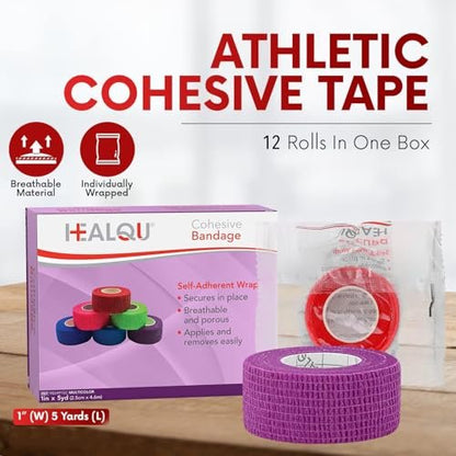 HEALQU Selbstklebende Bandage-Wickel – Kohäsives Tape für Sport und Athletik 1 Zoll x 5 Yards, 12 Rollen – Selbsthaftendes medizinisches Tape, flexibel, elastisch, mehrfarbig für Handgelenk & Knöchel, auch als Tierverband