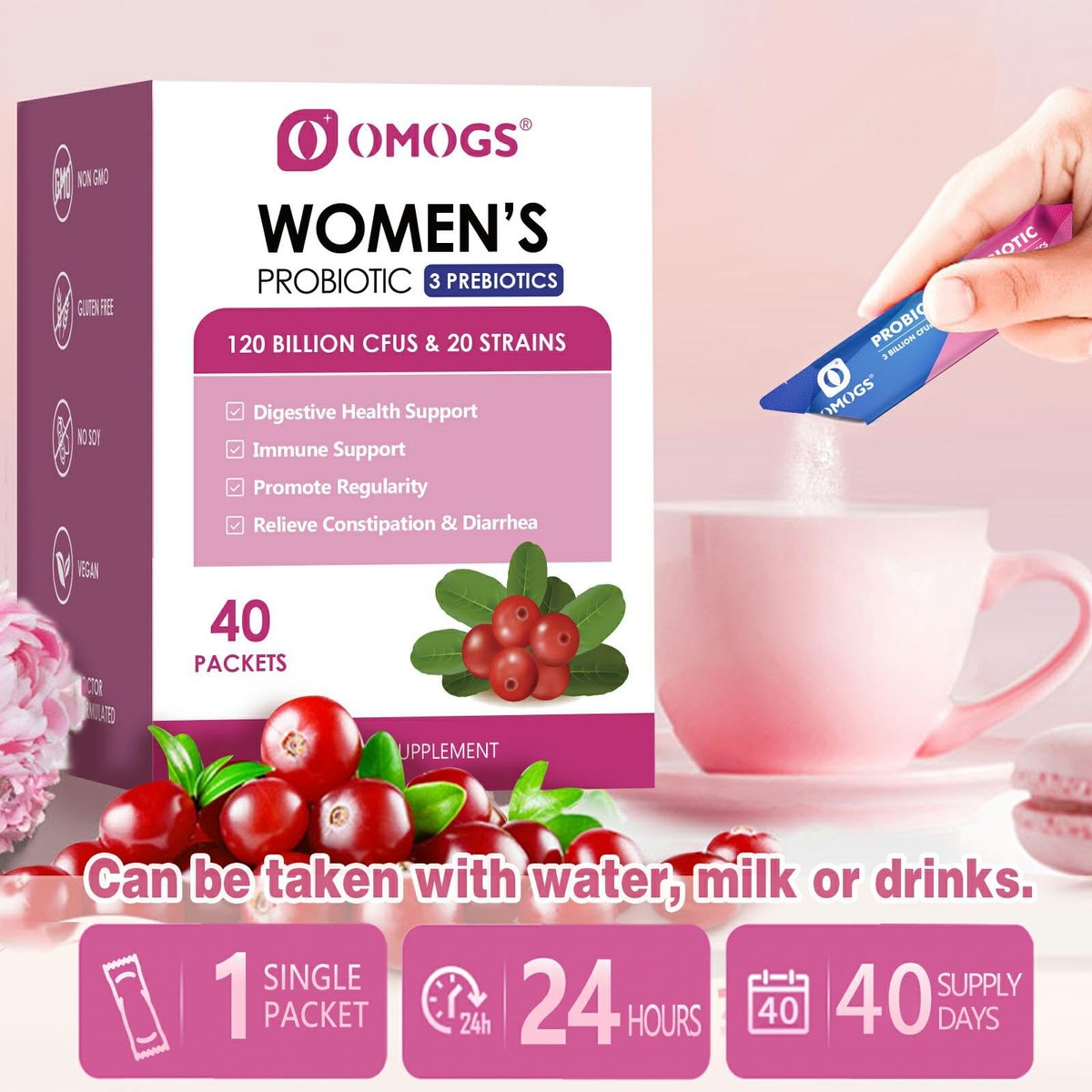 OMOGS Frauen Probiotikum, 120 Milliarden KBE, 18 Stämme, mit 3 Präbiotika und Cranberry-Extrakt – Unterstützung für Immunsystem, Verdauung, Darmgesundheit und Vaginalgesundheit