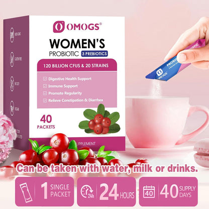 OMOGS Frauen Probiotikum, 120 Milliarden KBE, 18 Stämme, mit 3 Präbiotika und Cranberry-Extrakt – Unterstützung für Immunsystem, Verdauung, Darmgesundheit und Vaginalgesundheit