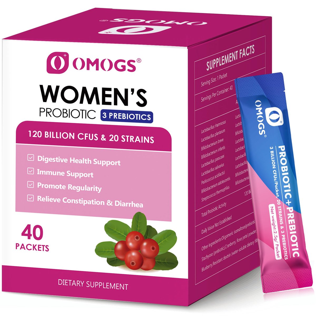 OMOGS Frauen Probiotikum, 120 Milliarden KBE, 18 Stämme, mit 3 Präbiotika und Cranberry-Extrakt – Unterstützung für Immunsystem, Verdauung, Darmgesundheit und Vaginalgesundheit