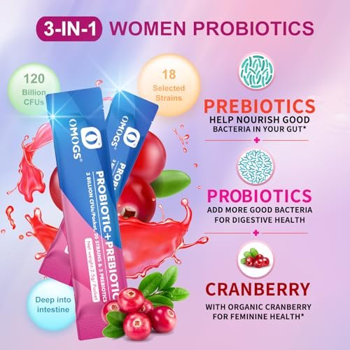 OMOGS Frauen Probiotikum, 120 Milliarden KBE, 18 Stämme, mit 3 Präbiotika und Cranberry-Extrakt – Unterstützung für Immunsystem, Verdauung, Darmgesundheit und Vaginalgesundheit
