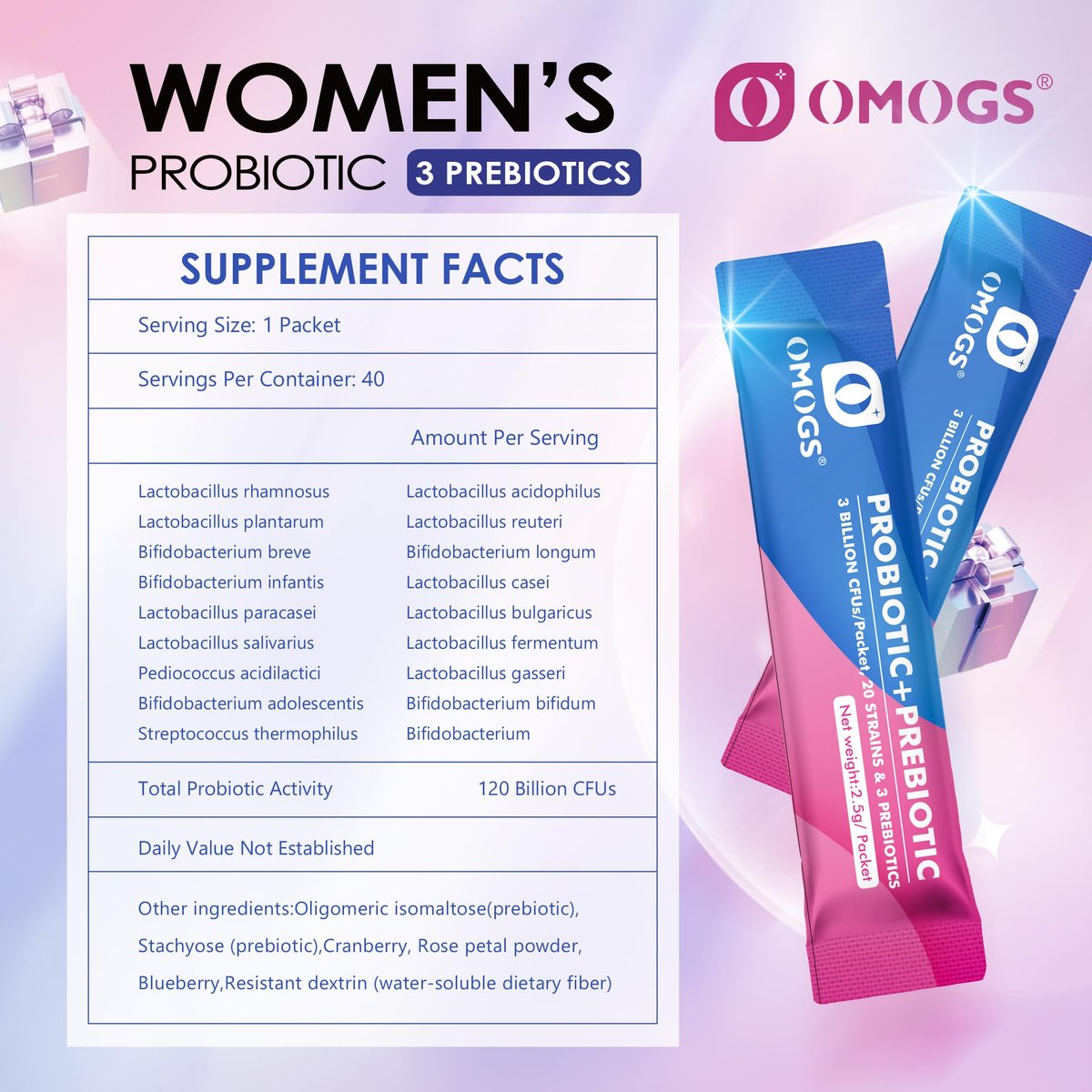 OMOGS Frauen Probiotikum, 120 Milliarden KBE, 18 Stämme, mit 3 Präbiotika und Cranberry-Extrakt – Unterstützung für Immunsystem, Verdauung, Darmgesundheit und Vaginalgesundheit