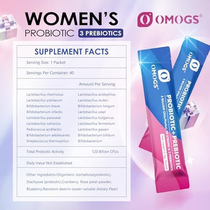 OMOGS Frauen Probiotikum, 120 Milliarden KBE, 18 Stämme, mit 3 Präbiotika und Cranberry-Extrakt – Unterstützung für Immunsystem, Verdauung, Darmgesundheit und Vaginalgesundheit