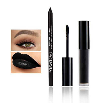 CAHIUYOA Schwarzer Matt-Lippenstift & Lipliner Set – wasserfest, lang anhaltend für Halloween, Cosplay & Gothic Make-up