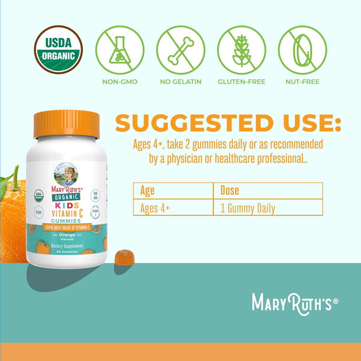 MARYRUTH'S Vitamin C Gummies für Kinder | Immununterstützung & allgemeine Gesundheit | USDA Bio | Vegan | Non-GMO | 60 Portionen