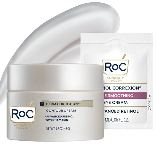 RoC Derm Correxion Halscreme mit Hyaluronsäure + fortgeschrittenem Retinol – Sichtbare Straffung und Lifting von horizontalen Halslinien, Gesichtsfeuchtigkeitscreme zur Konturierung (50 ml) inkl. RoC Retinol Augenprobe