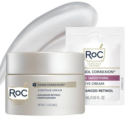 RoC Derm Correxion Halscreme mit Hyaluronsäure + fortgeschrittenem Retinol – Sichtbare Straffung und Lifting von horizontalen Halslinien, Gesichtsfeuchtigkeitscreme zur Konturierung (50 ml) inkl. RoC Retinol Augenprobe