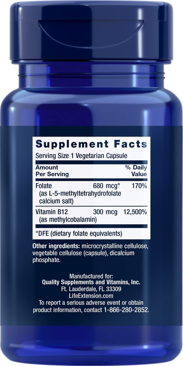 Life Extension BioActive Folat & Vitamin B12 – 150 vegane Kapseln, nicht gentechnisch verändert, glutenfrei
