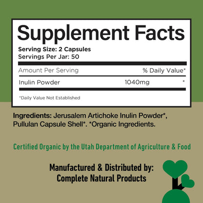 Bio Inulin Kapseln 520mg - Organischer Inulin-Pulver-Faser aus Topinambur, Präbiotische Ballaststoffe für die Verdauung, Pflanzliche Formel, Vegan, Ohne Gentechnik, 100 Kapseln Hergestellt in den USA