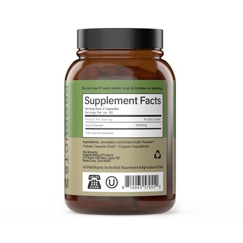 Bio Inulin Kapseln 520mg - Organischer Inulin-Pulver-Faser aus Topinambur, Präbiotische Ballaststoffe für die Verdauung, Pflanzliche Formel, Vegan, Ohne Gentechnik, 100 Kapseln Hergestellt in den USA