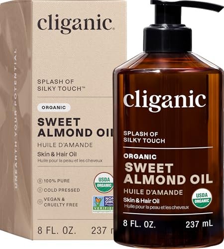 Cliganic Bio Süßmandelöl, 100% Rein (237 ml) – Pflegendes Trägeröl für Haut & Haar, Gesicht & Körper