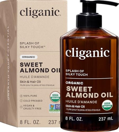 Cliganic Bio Süßmandelöl, 100% Rein (237 ml) – Pflegendes Trägeröl für Haut & Haar, Gesicht & Körper
