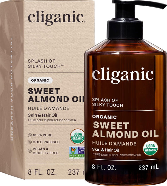 Cliganic Bio Süßmandelöl, 100% Rein (237 ml) – Pflegendes Trägeröl für Haut & Haar, Gesicht & Körper