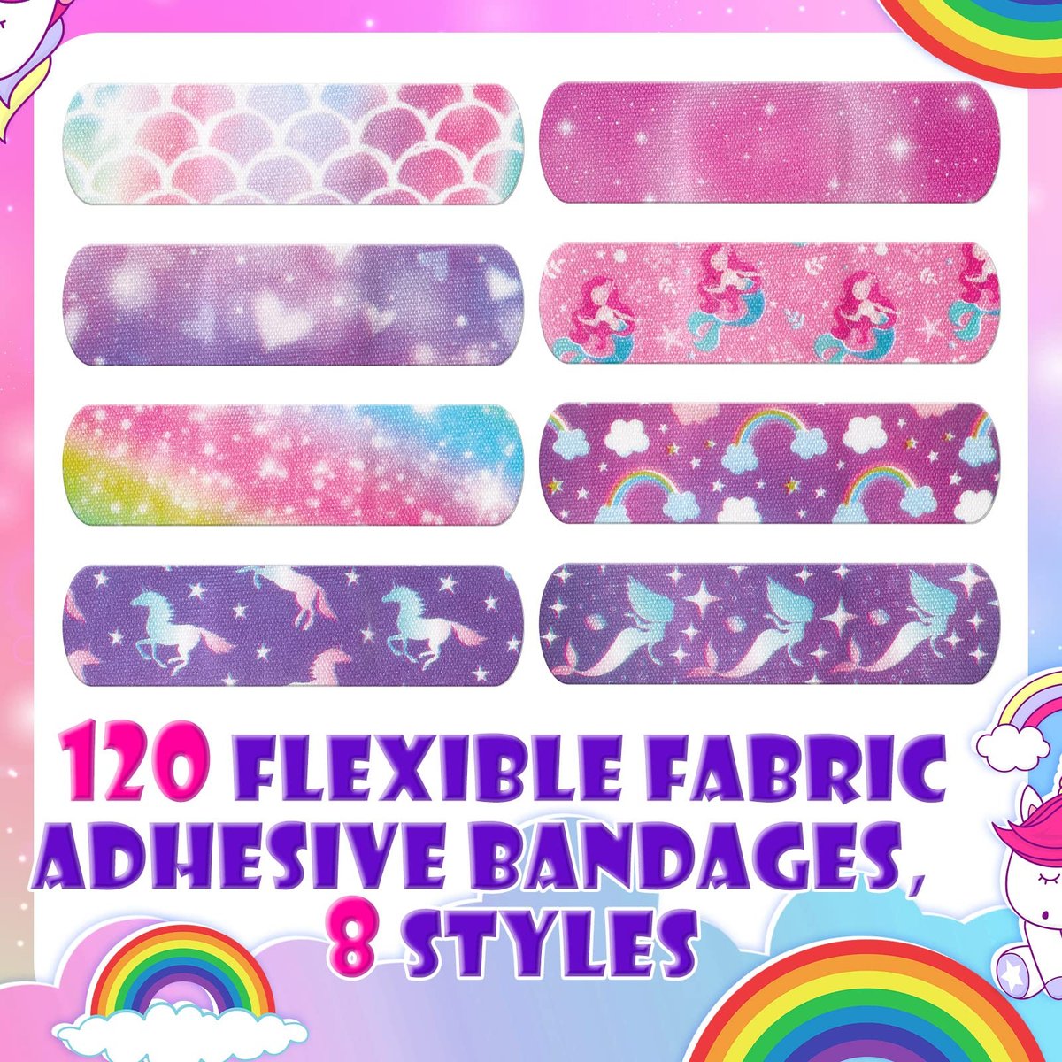 Funtery 8er-Pack bunte Kinder-Pflaster aus Stoff, selbstklebend, flexibel, für Schnitte, Schrammen, Wunden, Verbrennungen, Baby, Kind, Kleinkind, gemusterte Motive