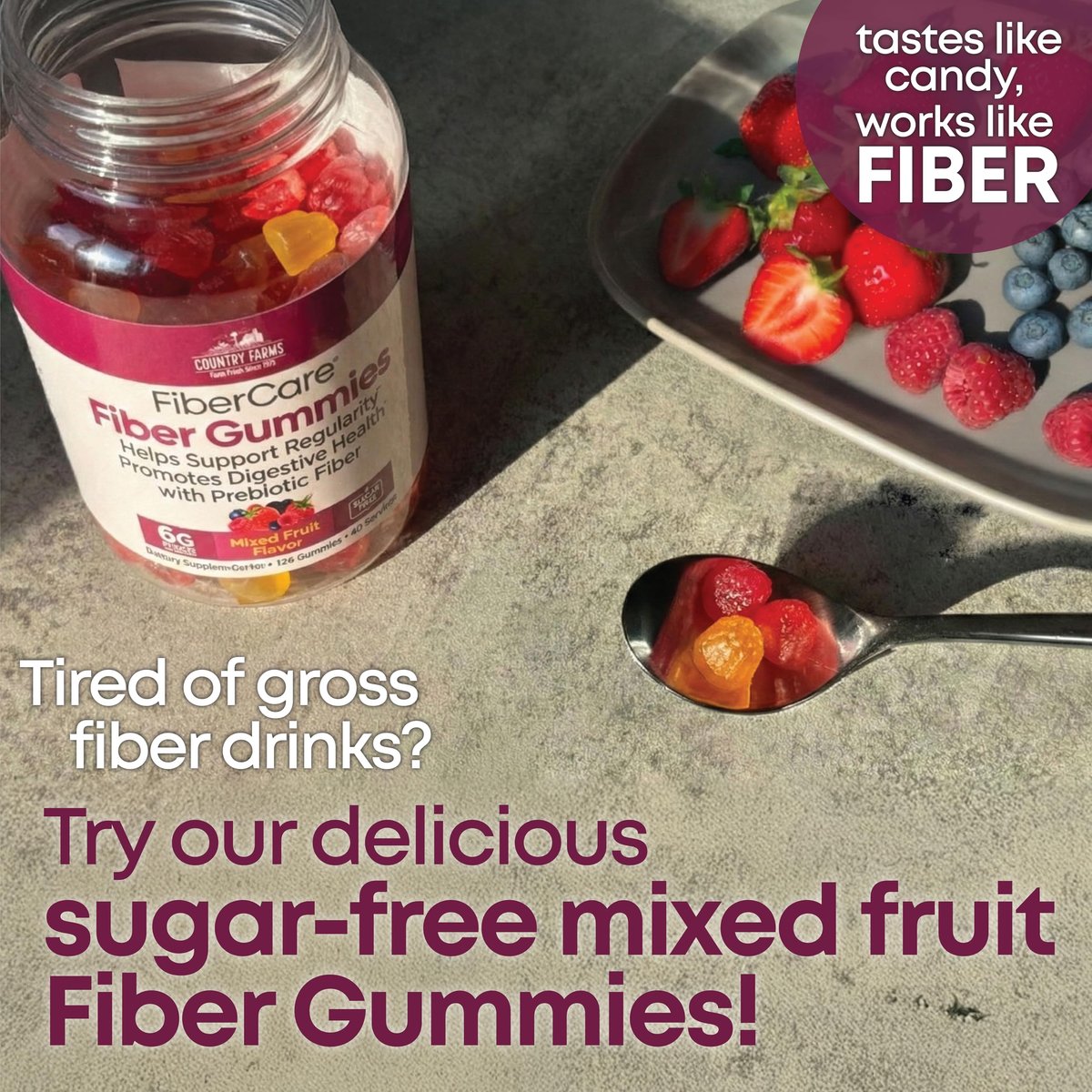 Country Farms Fiber Care Prebiotische Gummibärchen, 6g Ballaststoffe pro Portion, GLP-1 Booster, FOS aus Rüben, Verdauungsgesundheit und Blähungen, Unterstützt Regelmäßigkeit, gemischter Fruchtgeschmack, 120 Gummibärchen, 40 Portionen