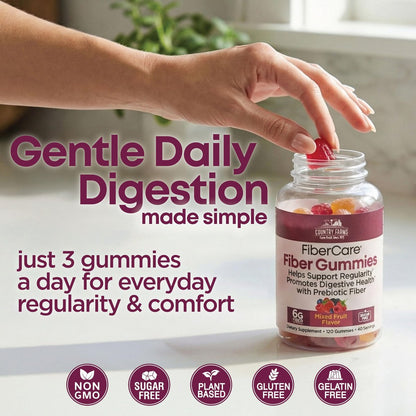 Country Farms Fiber Care Prebiotische Gummibärchen, 6g Ballaststoffe pro Portion, GLP-1 Booster, FOS aus Rüben, Verdauungsgesundheit und Blähungen, Unterstützt Regelmäßigkeit, gemischter Fruchtgeschmack, 120 Gummibärchen, 40 Portionen