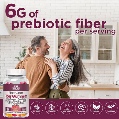 Country Farms Fiber Care Prebiotische Gummibärchen, 6g Ballaststoffe pro Portion, GLP-1 Booster, FOS aus Rüben, Verdauungsgesundheit und Blähungen, Unterstützt Regelmäßigkeit, gemischter Fruchtgeschmack, 120 Gummibärchen, 40 Portionen