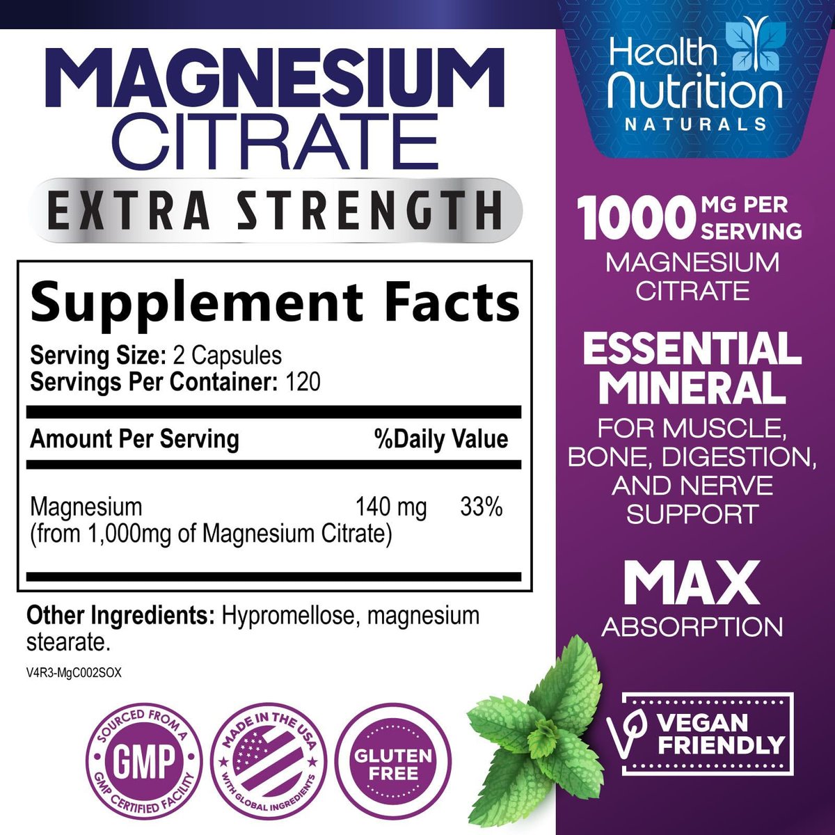Magnesiumcitrat 1000 mg pro Portion – Hochdosierte Magnesiumkapseln mit maximaler Absorption für Muskel-, Nerven-, Knochen- und Herzgesundheit, glutenfrei, nicht-GVO – 240 Kapseln