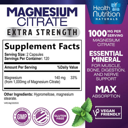 Magnesiumcitrat 1000 mg pro Portion – Hochdosierte Magnesiumkapseln mit maximaler Absorption für Muskel-, Nerven-, Knochen- und Herzgesundheit, glutenfrei, nicht-GVO – 240 Kapseln