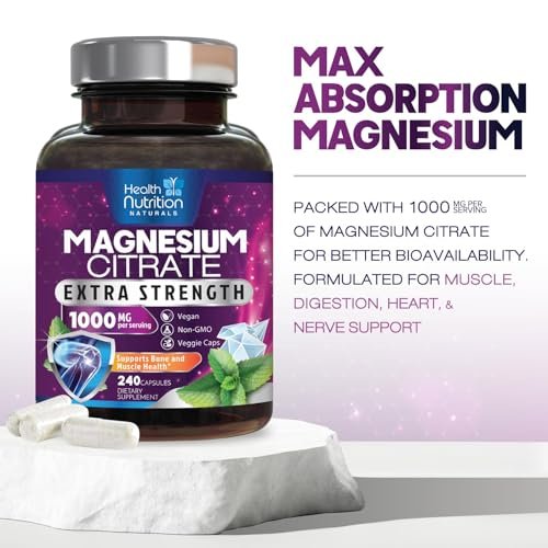 Magnesiumcitrat 1000 mg pro Portion – Hochdosierte Magnesiumkapseln mit maximaler Absorption für Muskel-, Nerven-, Knochen- und Herzgesundheit, glutenfrei, nicht-GVO – 240 Kapseln