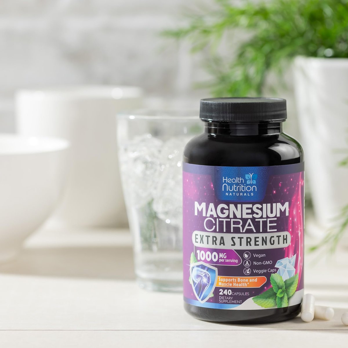 Magnesiumcitrat 1000 mg pro Portion – Hochdosierte Magnesiumkapseln mit maximaler Absorption für Muskel-, Nerven-, Knochen- und Herzgesundheit, glutenfrei, nicht-GVO – 240 Kapseln