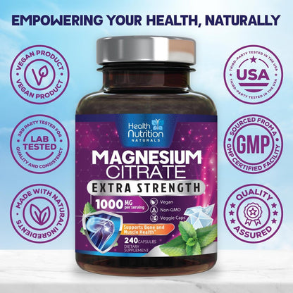 Magnesiumcitrat 1000 mg pro Portion – Hochdosierte Magnesiumkapseln mit maximaler Absorption für Muskel-, Nerven-, Knochen- und Herzgesundheit, glutenfrei, nicht-GVO – 240 Kapseln