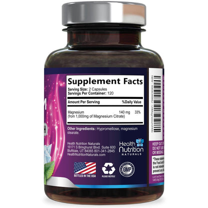 Magnesiumcitrat 1000 mg pro Portion – Hochdosierte Magnesiumkapseln mit maximaler Absorption für Muskel-, Nerven-, Knochen- und Herzgesundheit, glutenfrei, nicht-GVO – 240 Kapseln