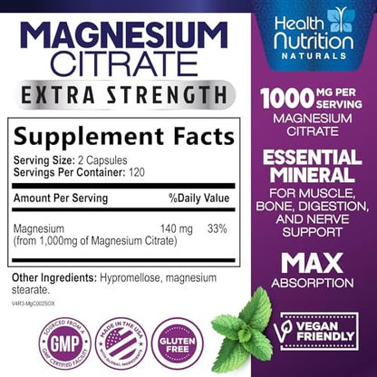 Magnesiumcitrat 1000 mg pro Portion – Hochdosierte Magnesiumkapseln mit maximaler Absorption für Muskel-, Nerven-, Knochen- und Herzgesundheit, glutenfrei, nicht-GVO – 240 Kapseln