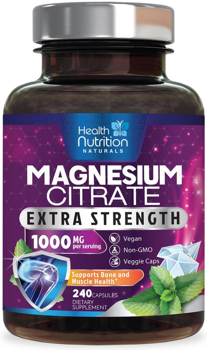 Magnesiumcitrat 1000 mg pro Portion – Hochdosierte Magnesiumkapseln mit maximaler Absorption für Muskel-, Nerven-, Knochen- und Herzgesundheit, glutenfrei, nicht-GVO – 240 Kapseln