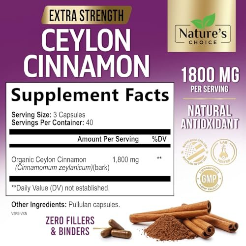 Ceylon-Zimt Kapseln - Bio-Zimtpulver aus Ceylon - 100% extra starke Zimtpillen - Energie & Herzunterstützung - Glutenfrei & Zuckerfrei - Hergestellt in den USA - 120 Kapseln