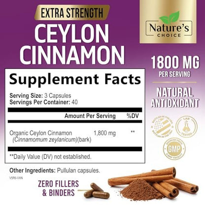 Ceylon-Zimt Kapseln - Bio-Zimtpulver aus Ceylon - 100% extra starke Zimtpillen - Energie & Herzunterstützung - Glutenfrei & Zuckerfrei - Hergestellt in den USA - 120 Kapseln