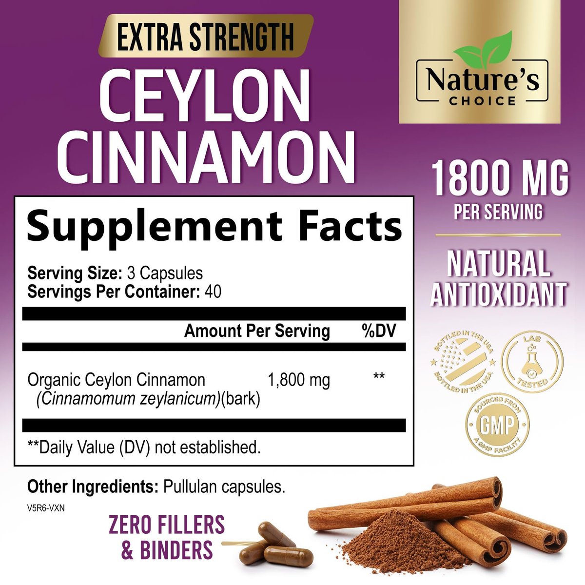Ceylon-Zimt Kapseln - Bio-Zimtpulver aus Ceylon - 100% extra starke Zimtpillen - Energie & Herzunterstützung - Glutenfrei & Zuckerfrei - Hergestellt in den USA - 120 Kapseln