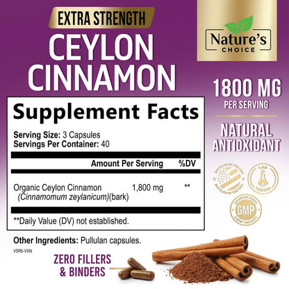 Ceylon-Zimt Kapseln - Bio-Zimtpulver aus Ceylon - 100% extra starke Zimtpillen - Energie & Herzunterstützung - Glutenfrei & Zuckerfrei - Hergestellt in den USA - 120 Kapseln