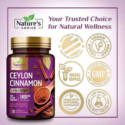 Ceylon-Zimt Kapseln - Bio-Zimtpulver aus Ceylon - 100% extra starke Zimtpillen - Energie & Herzunterstützung - Glutenfrei & Zuckerfrei - Hergestellt in den USA - 120 Kapseln