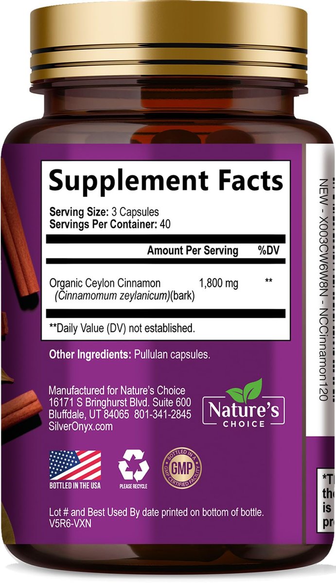 Ceylon-Zimt Kapseln - Bio-Zimtpulver aus Ceylon - 100% extra starke Zimtpillen - Energie & Herzunterstützung - Glutenfrei & Zuckerfrei - Hergestellt in den USA - 120 Kapseln