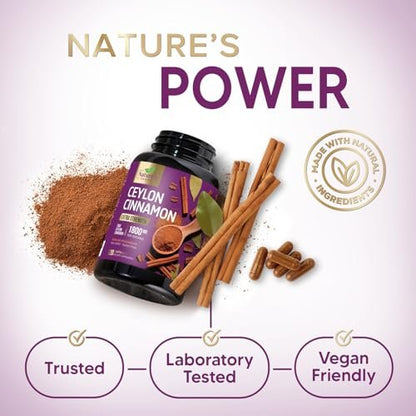 Ceylon-Zimt Kapseln - Bio-Zimtpulver aus Ceylon - 100% extra starke Zimtpillen - Energie & Herzunterstützung - Glutenfrei & Zuckerfrei - Hergestellt in den USA - 120 Kapseln