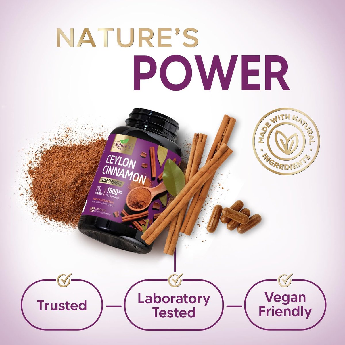 Ceylon-Zimt Kapseln - Bio-Zimtpulver aus Ceylon - 100% extra starke Zimtpillen - Energie & Herzunterstützung - Glutenfrei & Zuckerfrei - Hergestellt in den USA - 120 Kapseln