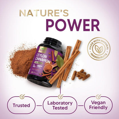 Ceylon-Zimt Kapseln - Bio-Zimtpulver aus Ceylon - 100% extra starke Zimtpillen - Energie & Herzunterstützung - Glutenfrei & Zuckerfrei - Hergestellt in den USA - 120 Kapseln
